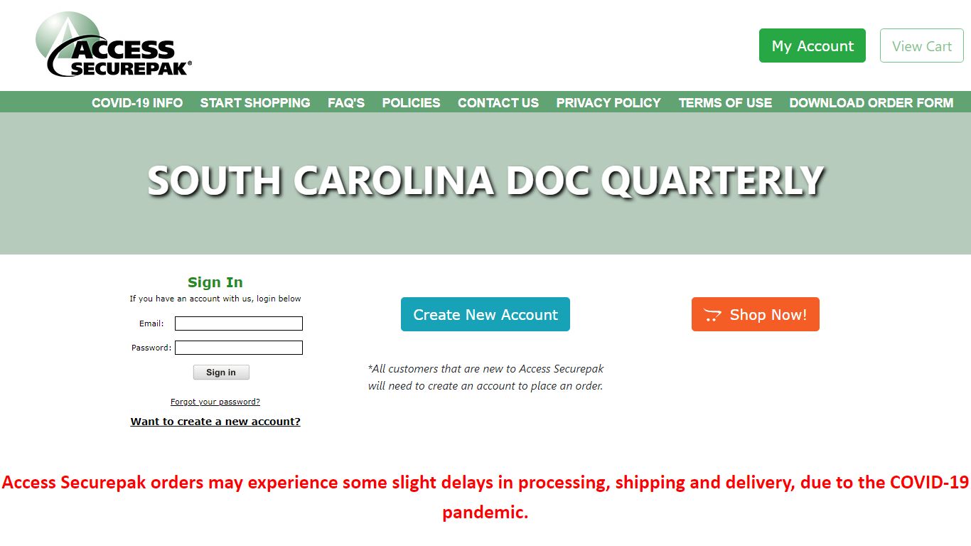 Access Securepak - South Carolina DOC Package Program - Welcome